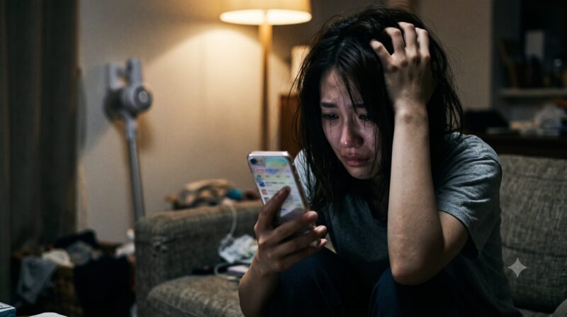コードレス布団クリーナーの悪い口コミをスマートフォンで見て、泣き崩れ絶望する女性。