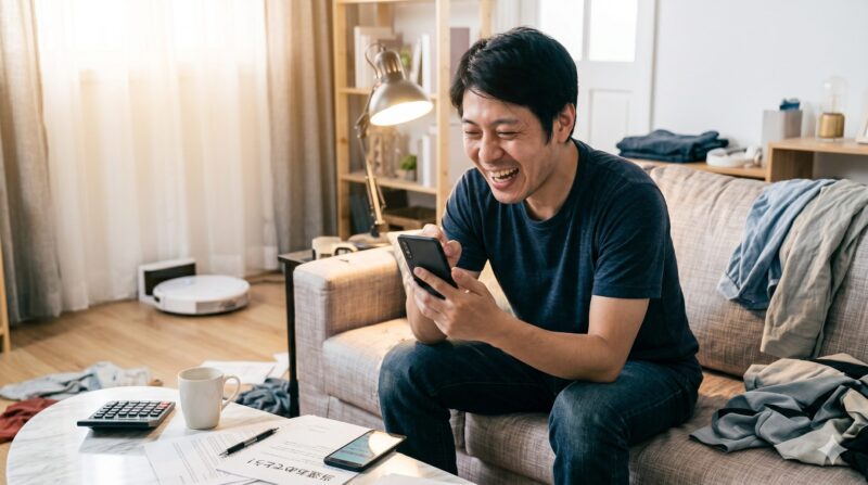 明るいリビングでスマホを見ながら満面の笑みを浮かべる男性。テーブルには書類と計算器、床には掃除ロボットがある。