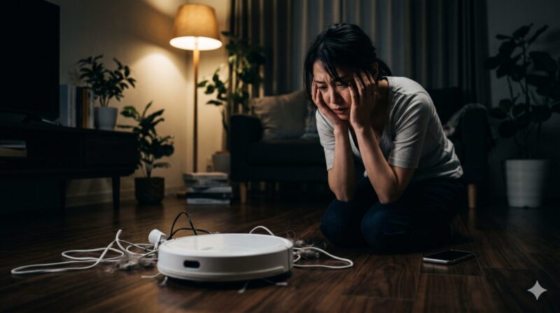 夜のリビングで、絡まったケーブルとロボット掃除機を前に悩む日本人女性。