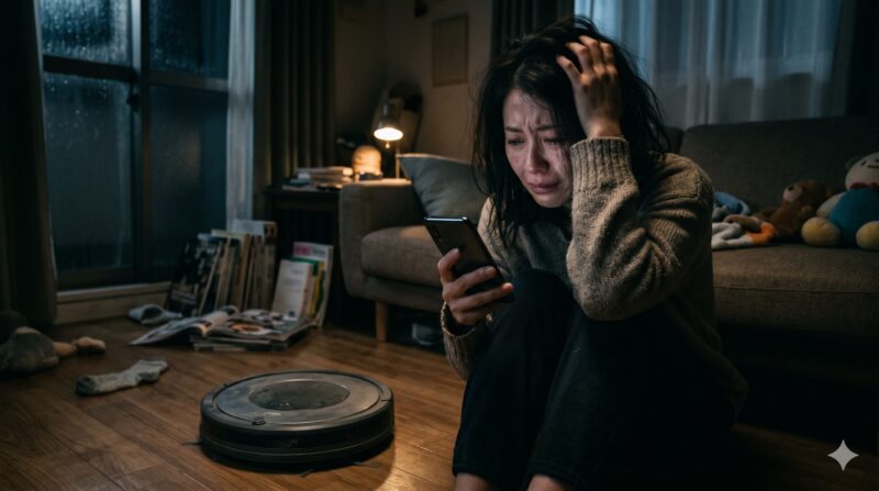 暗い部屋でロボット掃除機の口コミや評判をスマートフォンで調べて絶望し頭を抱える女性