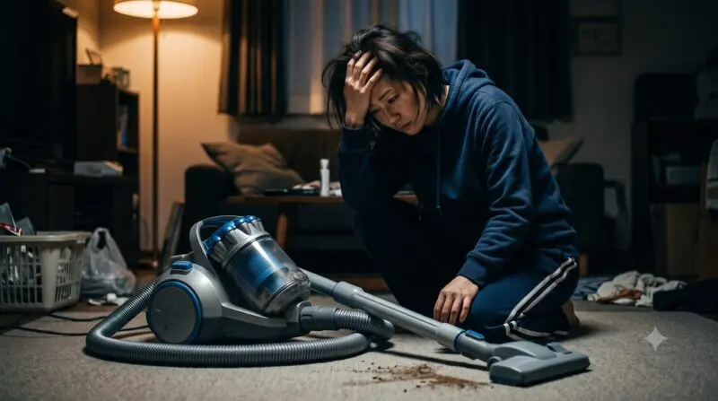 掃除機のデメリットや使い勝手に悩み、薄暗い部屋で頭を抱えて後悔している女性の様子