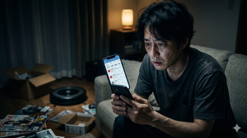 スマートフォンでロボット掃除機の悪い口コミを見て絶望する男性。散乱する荷物とロボット掃除機。