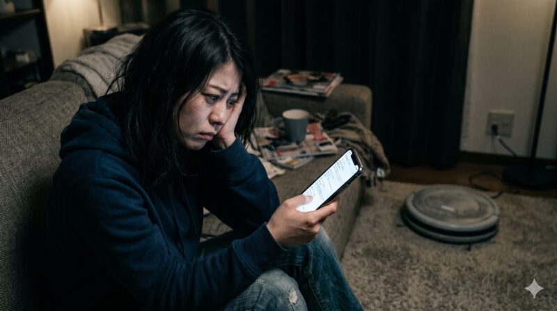 スマホでロボット掃除機の口コミや評判を調べて後悔している女性