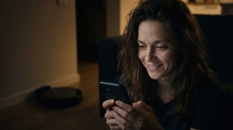 ロボット掃除機の悪い口コミをスマホで見て不安そうな表情で悩む外国人女性の画像