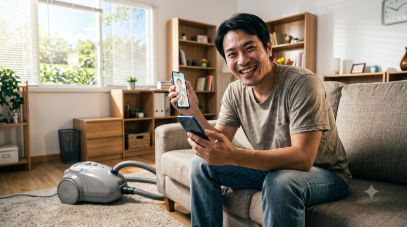 リビングルームでスマートフォンを手に笑顔でビデオ通話をする男性と、床に置かれた掃除機。