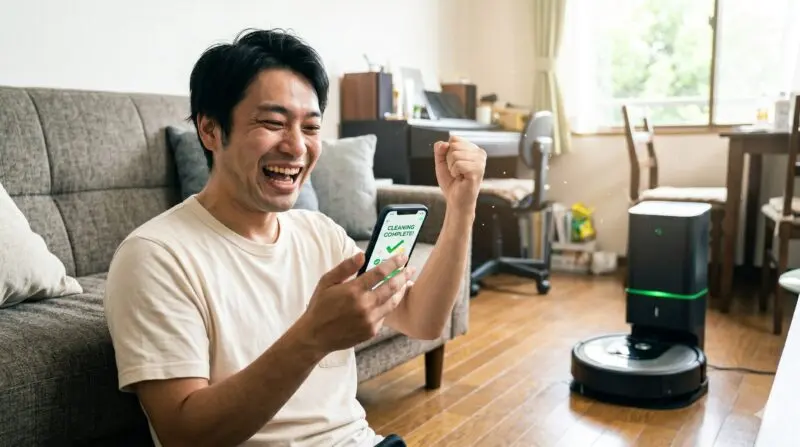 明るいリビングでロボット掃除機の良い口コミや評判をスマホで確認し、満面の笑みでガッツポーズをして喜ぶ男性。