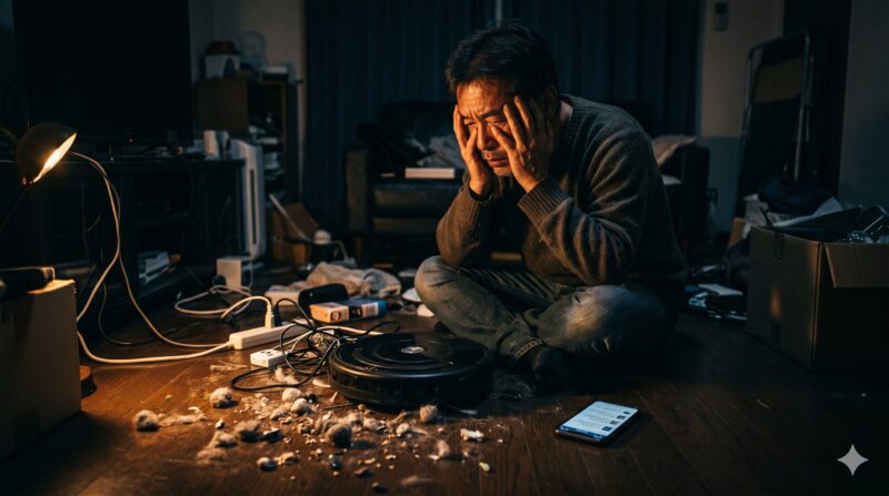 悪い口コミを見てロボット掃除機に絶望する男性と、ゴミが散乱する散らかった部屋