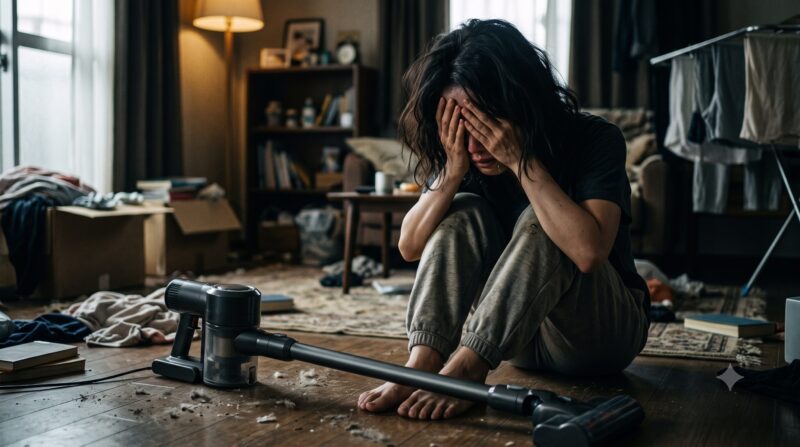 散らかった部屋で床に置かれた掃除機を前に頭を抱えて後悔している女性。