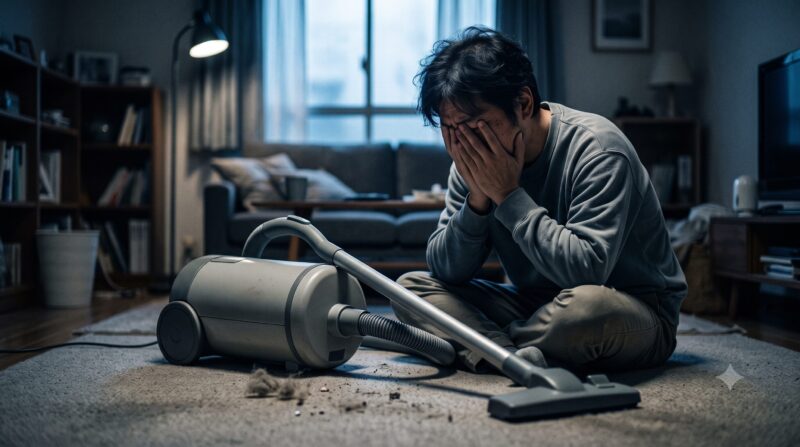 キャニスター掃除機のデメリットや購入後の後悔により、リビングで頭を抱えて絶望している男性のイメージ画像。