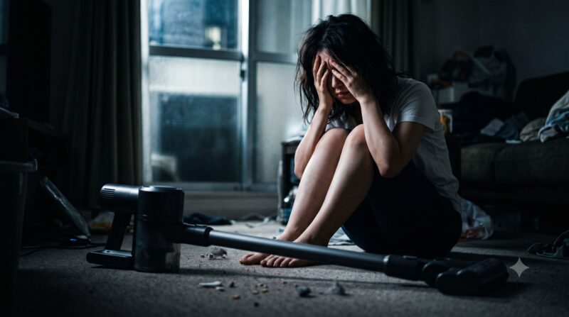 ゴミが散乱した床で掃除機を前に途方に暮れて座り込む女性の様子