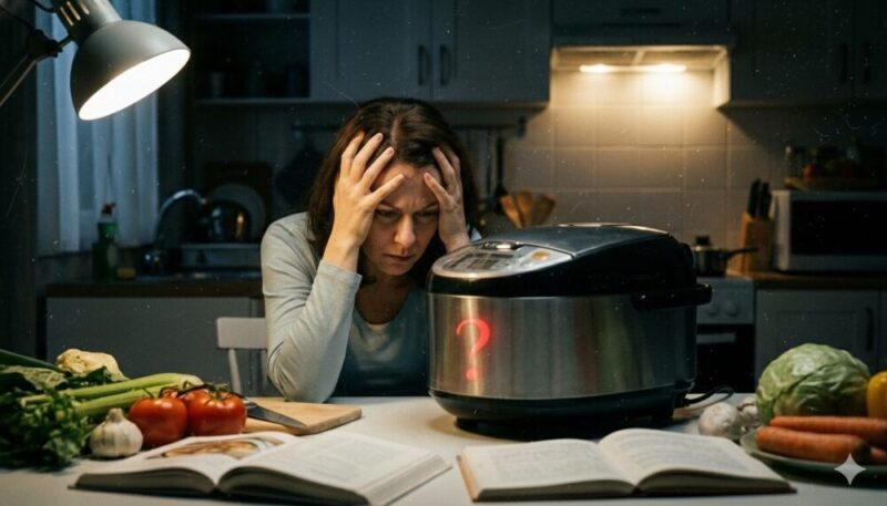 ホットクックを買って後悔し、頭を抱えている女性。