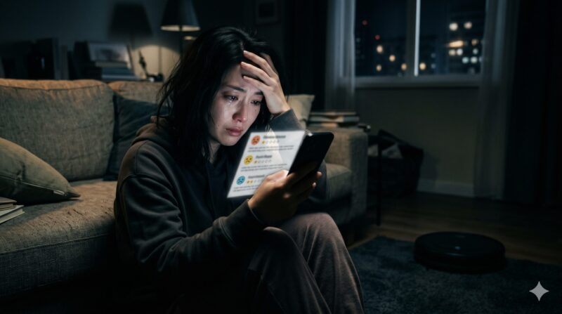 暗い部屋でスマホの低評価レビューを見て泣いている女性