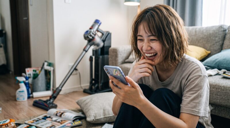 リビングルームでスマートフォンを見ながら楽しそうに笑う若い女性と、背景のコードレス掃除機