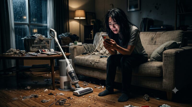 散らかった部屋でスティッククリーナーの口コミを調べ、後悔と絶望に暮れる女性。