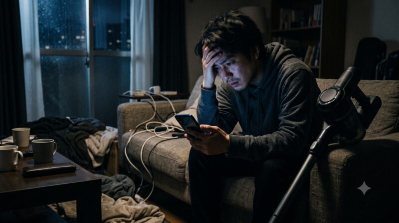 薄暗い部屋で、コードレス掃除機を前にスマートフォンを見て頭を抱えて悩む男性。