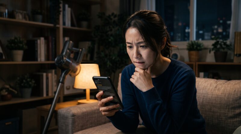 CL287FDの口コミをスマホで調べながら、悪い評判を見つけて不安げな表情で悩む日本人女性