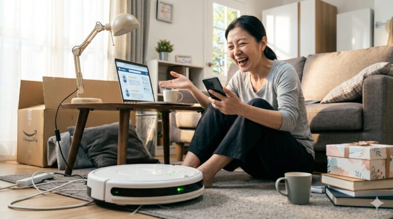 リビングの床に座り、ロボット掃除機のレビュー画面を見て大笑いする女性