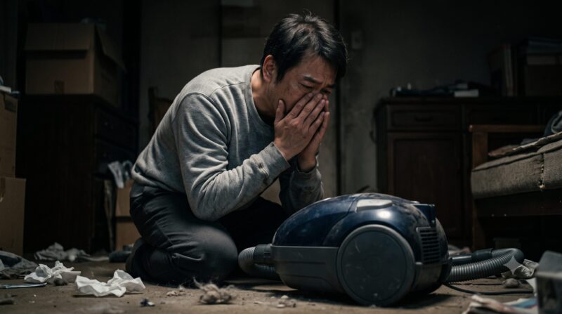 散らかった部屋で、掃除機を前に絶望し、顔を覆って泣き崩れる中年男性。