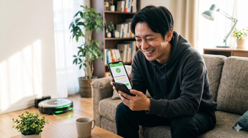 スマホでロボット掃除機「105 Combo+」の良い口コミや評判を確認して満面の笑みを浮かべる男性。