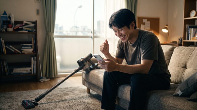 明るいリビングでスマートフォンを見て笑顔でガッツポーズをする日本人男性と、床に置かれたコードレス掃除機。