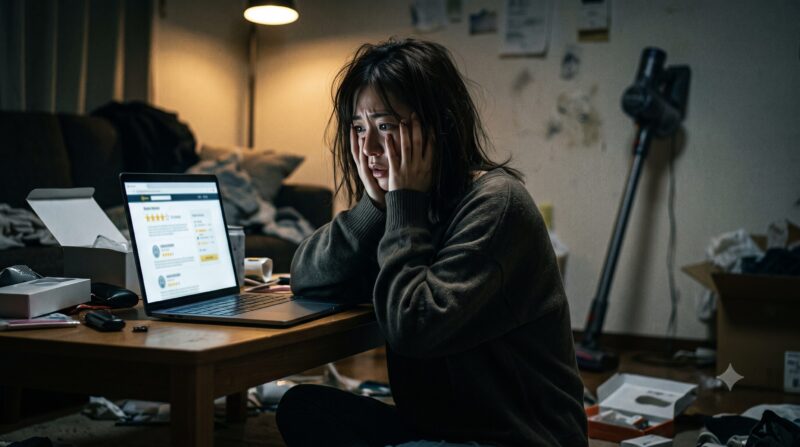 コードレス掃除機の悪い口コミ・評判をネットで調べて、散らかった部屋で絶望し後悔する日本人女性の姿。