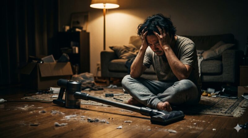 散らかった部屋でコードレス掃除機を前に頭を抱え、絶望する日本人男性の画像