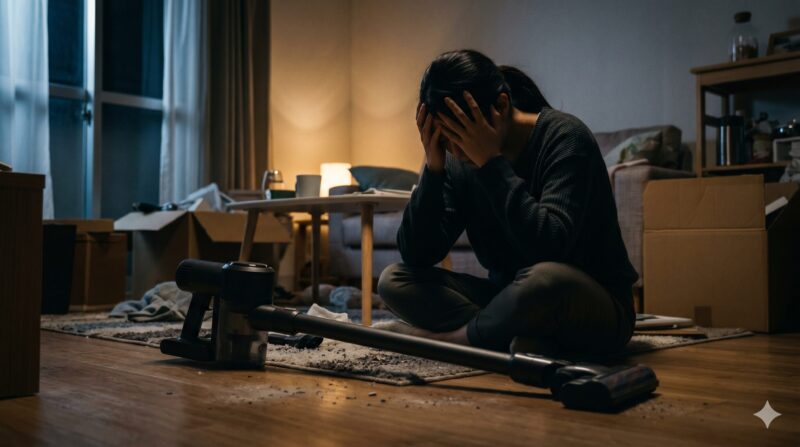 コードレス掃除機のデメリットや購入の失敗に後悔し、暗い部屋で頭を抱えて絶望する女性。