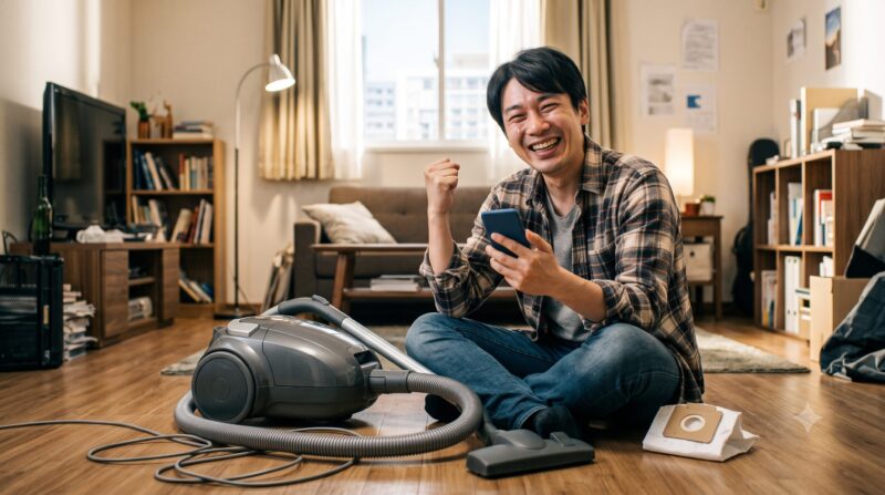 スマートフォンを手にガッツポーズをして喜ぶ笑顔の男性と、その隣に置かれた掃除機