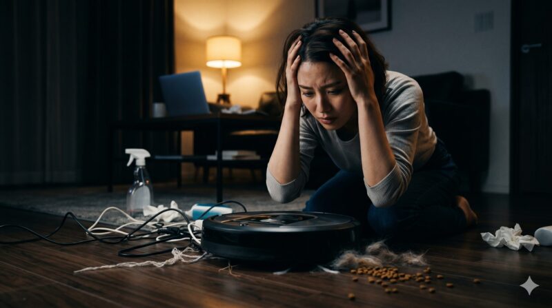 ロボット掃除機がコードとペットフードに絡まり、暗い部屋で頭を抱えて絶望する日本人女性。