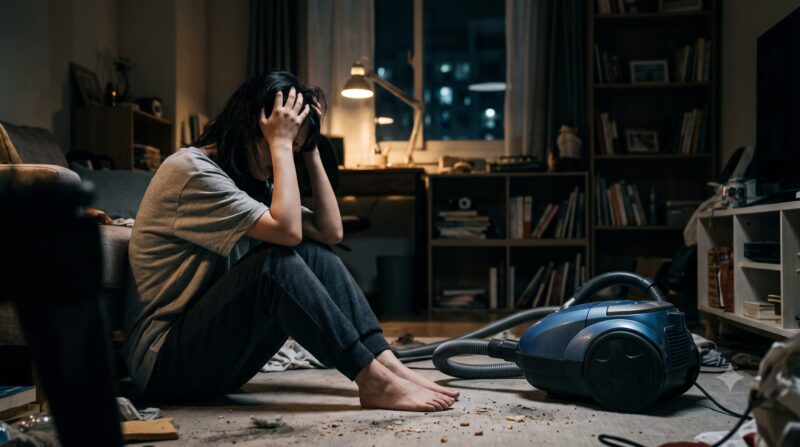 散らかった部屋でキャニスター掃除機を前に頭を抱え、デメリットや購入を後悔して悩む女性の様子。