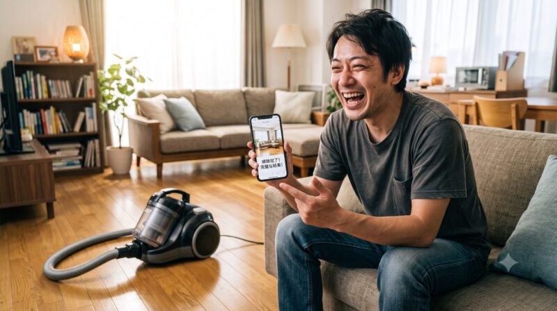 リビングルームで、スマートフォンの掃除完了アプリ画面を指さし大笑いする男性とサイクロン掃除機。