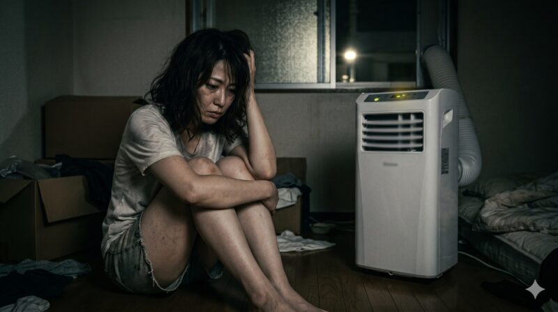 スポットクーラーが冷えない・うるさいという悩みに直面し、薄暗い部屋で頭を抱えて後悔している女性。