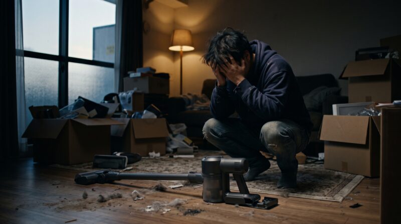 マキタCL116DとCL115FDの比較記事用、掃除機の性能に絶望する男性。