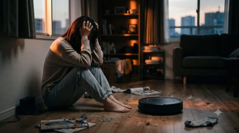 散らかった部屋でロボット掃除機を前に頭を抱えて購入を後悔している女性。