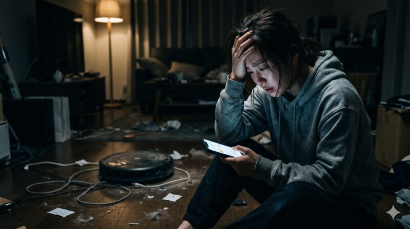 薄暗い部屋で、散らかった床に座り、スマートフォンを見ながら泣いている女性と、その隣にあるロボット掃除機。