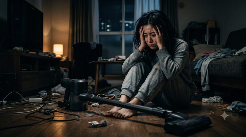 コードレス掃除機選びに失敗して後悔し、散らかった部屋で頭を抱えて絶望している女性