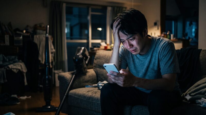 深夜、散らかった部屋のソファーで、スマートフォンを見て絶望の表情で泣きながら頭を抱えている日本人男性