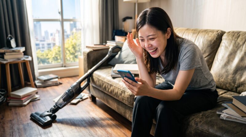リビングのソファでスマートフォンを見て大笑いする女性と、周囲に置かれたコードレス掃除機や本