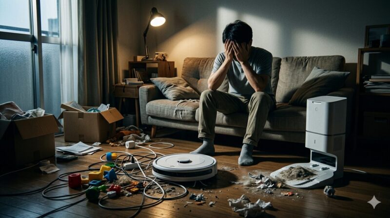 散らかった部屋でコードが絡まったロボット掃除機とゴミを前に頭を抱えて悩む男性