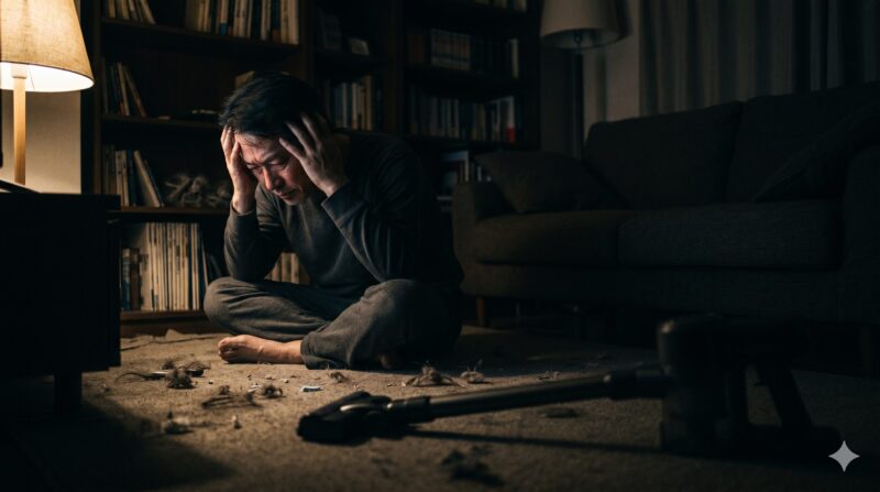 コードレス掃除機のデメリットに絶望し、部屋のゴミの前で頭を抱える日本人男性。