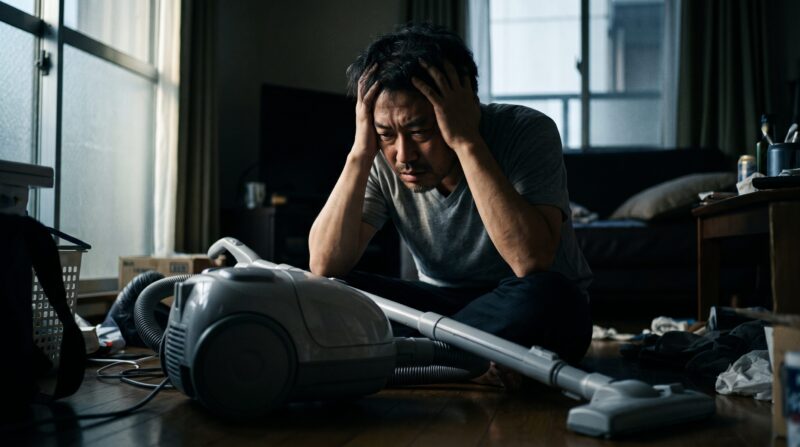 散らかった部屋で、キャニスター掃除機を前に掃除の負担に絶望し頭を抱える男性の姿。