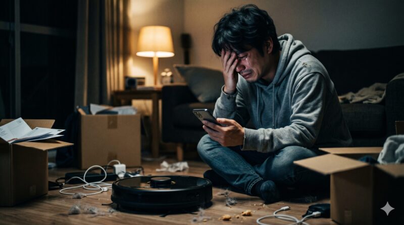 段ボールや埃が散乱する部屋で、ロボット掃除機を前に泣きながらスマートフォンを見る絶望した男性