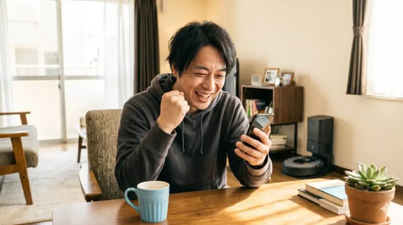 明るいリビングでスマホでロボット掃除機の良い評判を確認し、笑顔でガッツポーズをする男性。