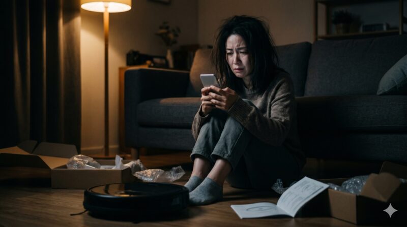 暗いリビングルームで、開封したロボット掃除機の横に座り、スマートフォンを見て深く絶望する女性
