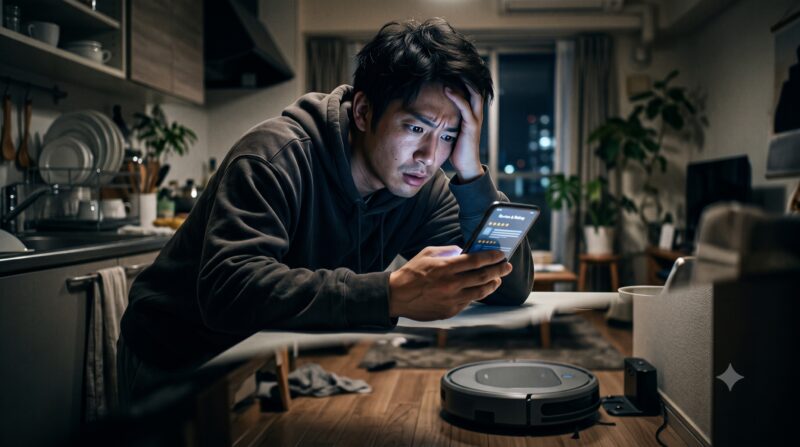 ロボット掃除機の口コミをスマホで調べて絶望する男性
