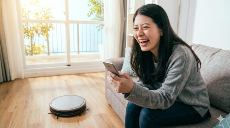 リビングのソファに座り、スマートフォンを手に笑顔でくつろぐ女性と床にあるロボット掃除機