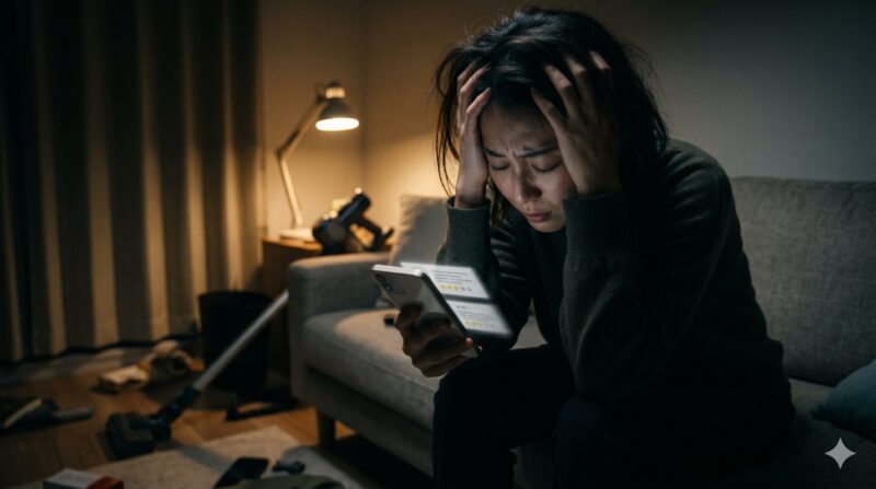 コードレス掃除機の評価をスマホで確認し、悪い口コミに絶望して頭を抱える女性。