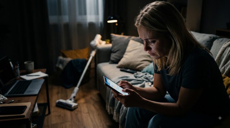夜の薄暗い部屋で、泣きながらスマートフォンを操作する女性。背景の床にコードレス掃除機が見える。