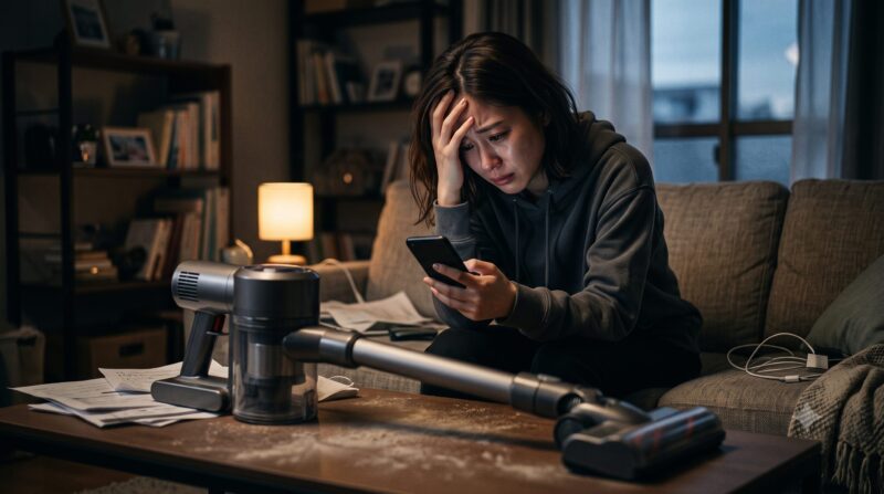 故障したコードレス掃除機と埃の中で、スマートフォンを見ながら後悔している女性の様子