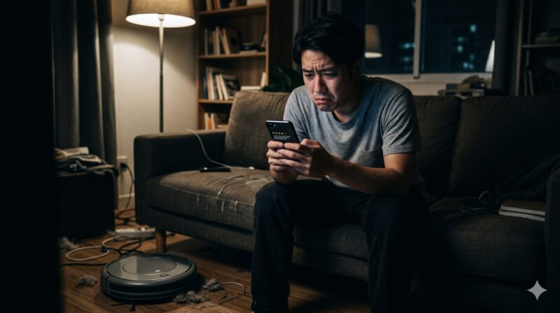 毛だらけの床とロボット掃除機を前に、スマホを見て絶望する男性